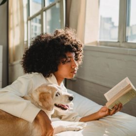 concentrated young black woman cuddling curious obedient dog while reading book ob bed